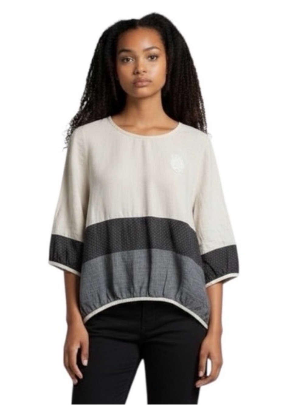 Cottonblue Lagenlook 3/4 Sleeve Mixed Media Neutral Tone Blouse